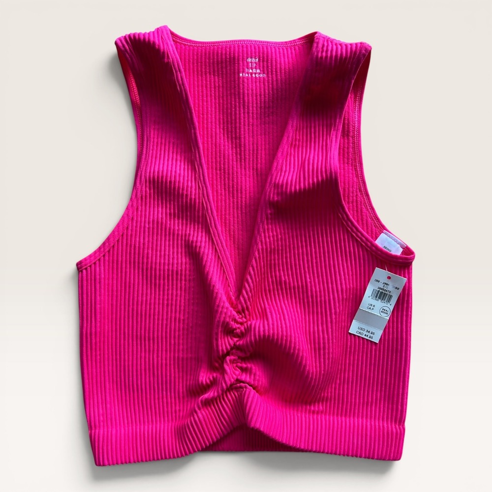Aerie Ribbed Ruched V-Neck Cropped Tank Top Hot Pink Size Small NEW! $35